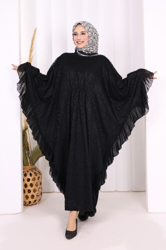 Uçları Şifon Fırfır Görünümlü Dantel Elbise 3864 Siyah - Bym Fashion