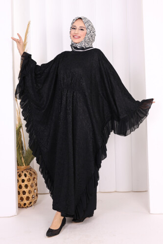 Uçları Şifon Fırfır Görünümlü Dantel Elbise 3864 Siyah - 2