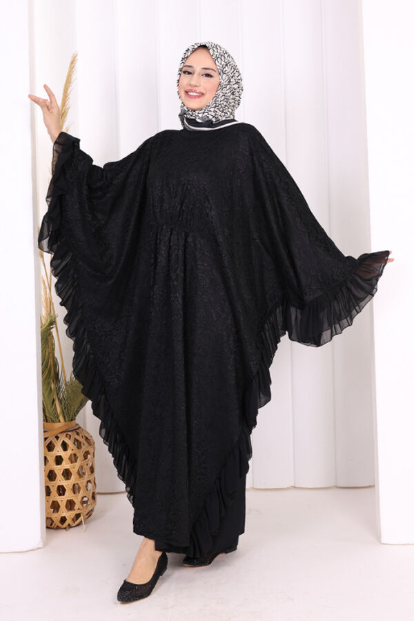 Uçları Şifon Fırfır Görünümlü Dantel Elbise 3864 Siyah - 2