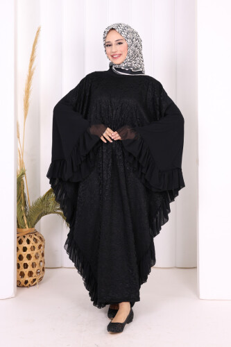 Uçları Şifon Fırfır Görünümlü Dantel Elbise 3864 Siyah - 3