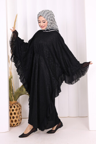 Uçları Şifon Fırfır Görünümlü Dantel Elbise 3864 Siyah - 4