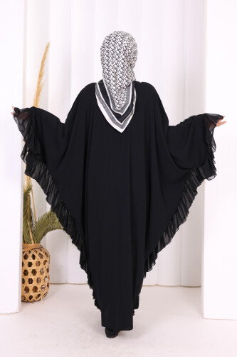 Uçları Şifon Fırfır Görünümlü Dantel Elbise 3864 Siyah - 5