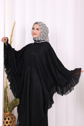 Uçları Şifon Fırfır Görünümlü Dantel Elbise 3864 Siyah - 6