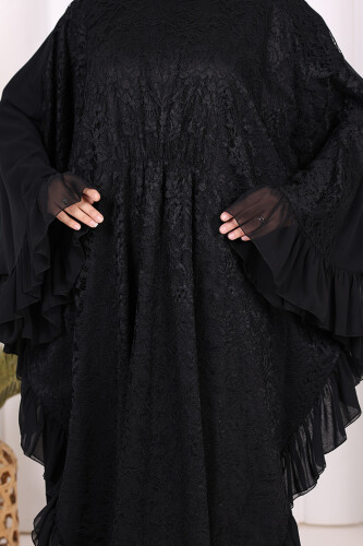 Uçları Şifon Fırfır Görünümlü Dantel Elbise 3864 Siyah - 7