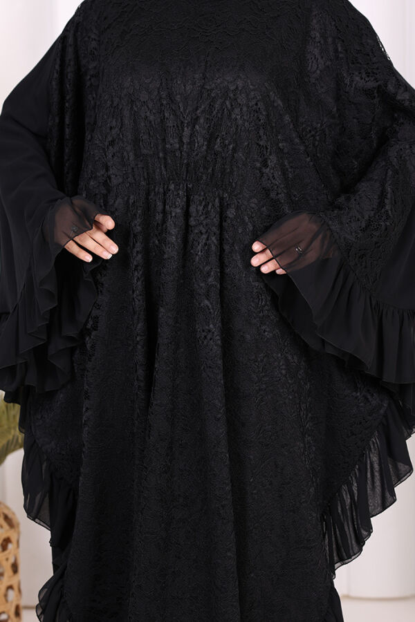 Uçları Şifon Fırfır Görünümlü Dantel Elbise 3864 Siyah - 7