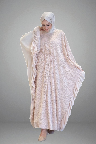 Uçları Şifon Fırfır Görünümlü Dantel Elbise 3864 Taş - Bym Fashion