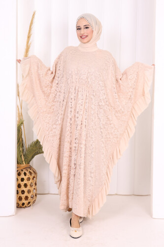 Uçları Şifon Fırfır Görünümlü Dantel Elbise 3864 Taş - Bym Fashion