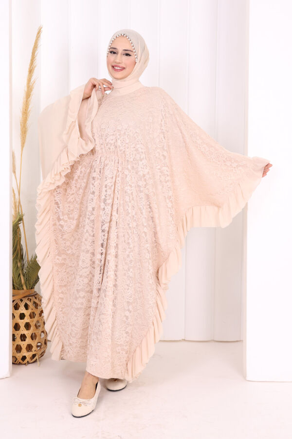 Uçları Şifon Fırfır Görünümlü Dantel Elbise 3864 Taş - 2