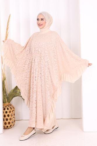 Uçları Şifon Fırfır Görünümlü Dantel Elbise 3864 Taş - 3