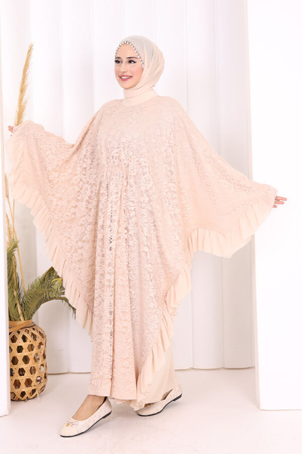 Uçları Şifon Fırfır Görünümlü Dantel Elbise 3864 Taş - 3