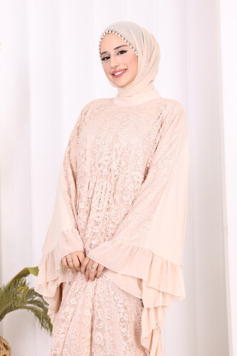 Uçları Şifon Fırfır Görünümlü Dantel Elbise 3864 Taş - 5