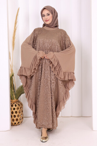 Uçları Şifon Fırfır Görünümlü Dantel Elbise 3864 Vizon - 2