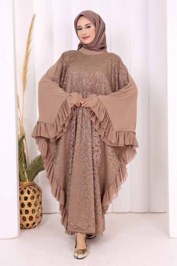 Uçları Şifon Fırfır Görünümlü Dantel Elbise 3864 Vizon - 2