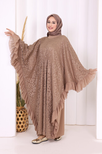 Uçları Şifon Fırfır Görünümlü Dantel Elbise 3864 Vizon - 3