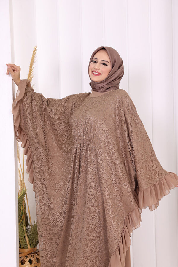 Uçları Şifon Fırfır Görünümlü Dantel Elbise 3864 Vizon - 6