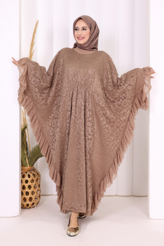 Uçları Şifon Fırfır Görünümlü Dantel Elbise 3864 Vizon - Bym Fashion