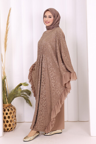 Uçları Şifon Fırfır Görünümlü Dantel Elbise 3864 Vizon - 4