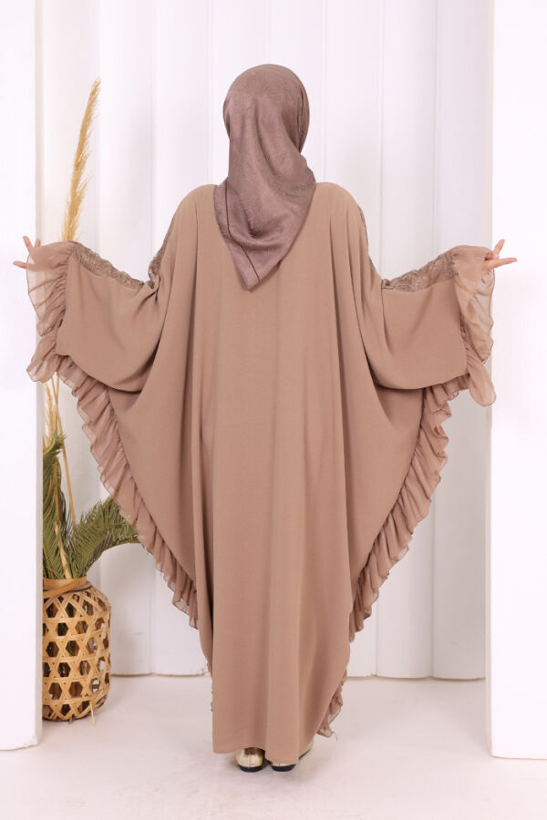 Uçları Şifon Fırfır Görünümlü Dantel Elbise 3864 Vizon - 5