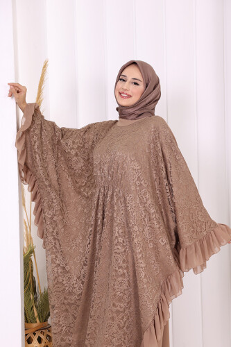 Uçları Şifon Fırfır Görünümlü Dantel Elbise 3864 Vizon - 6