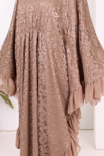 Uçları Şifon Fırfır Görünümlü Dantel Elbise 3864 Vizon - 7