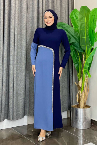 İki Renkli İnci Detaylı Elbise 3865 Lacivert - Bym Fashion
