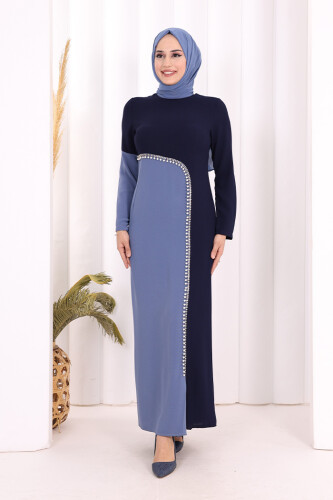 İki Renkli İnci Detaylı Elbise 3865 Lacivert