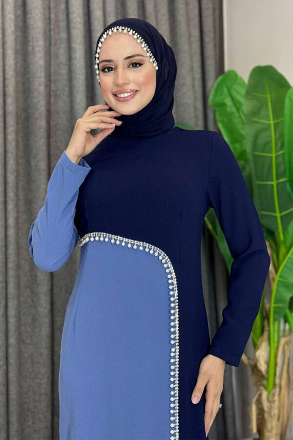 İki Renkli İnci Detaylı Elbise 3865 Lacivert - 4
