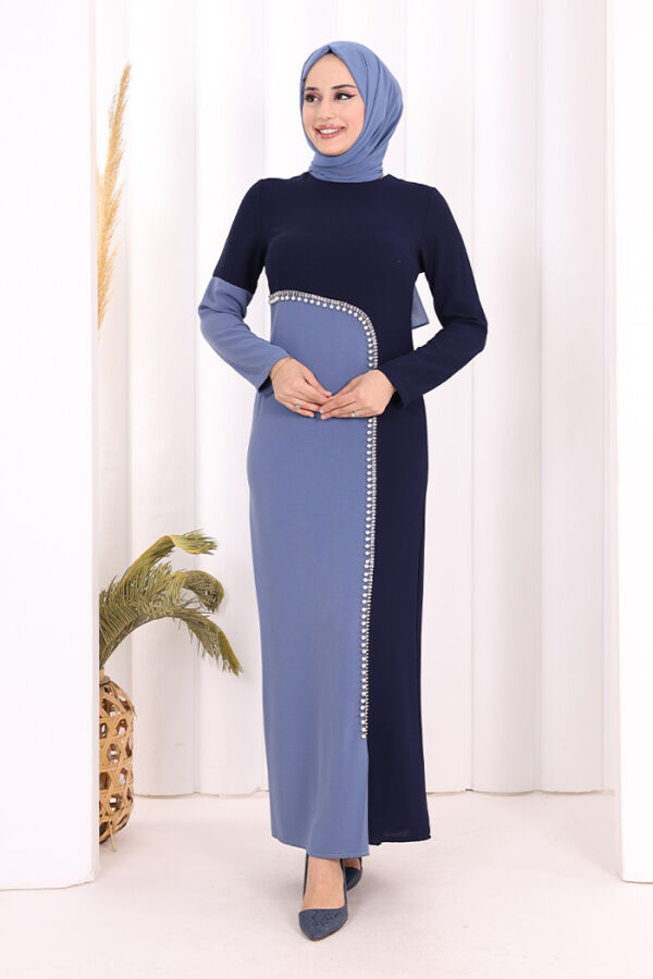 İki Renkli İnci Detaylı Elbise 3865 Lacivert - 2