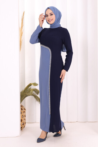 İki Renkli İnci Detaylı Elbise 3865 Lacivert - 3
