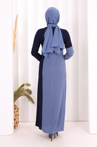 İki Renkli İnci Detaylı Elbise 3865 Lacivert - 4