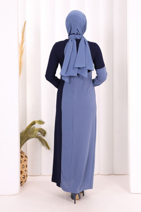 İki Renkli İnci Detaylı Elbise 3865 Lacivert - 4