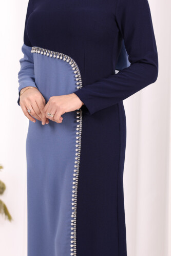 İki Renkli İnci Detaylı Elbise 3865 Lacivert - 6