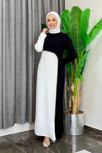 İki Renkli İnci Detaylı Elbise 3865 Siyah - Bym Fashion