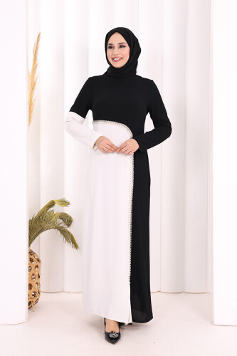 İki Renkli İnci Detaylı Elbise 3865 Siyah