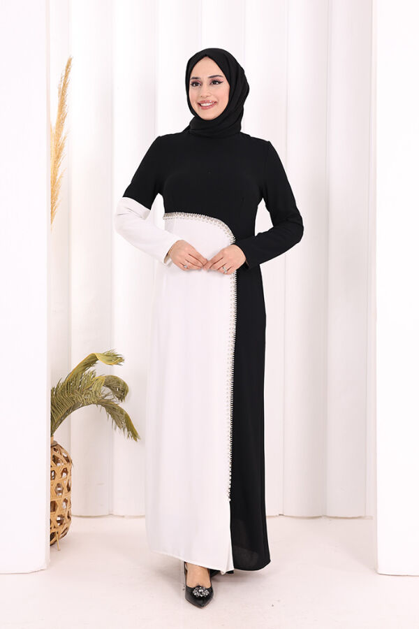 İki Renkli İnci Detaylı Elbise 3865 Siyah - 1