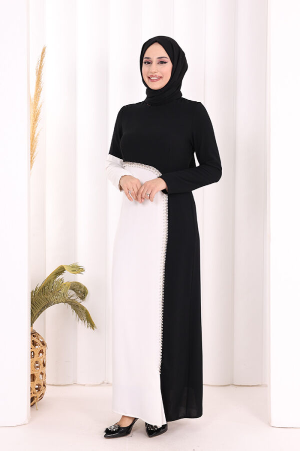 İki Renkli İnci Detaylı Elbise 3865 Siyah - 2
