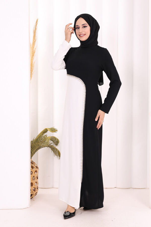 İki Renkli İnci Detaylı Elbise 3865 Siyah - 3