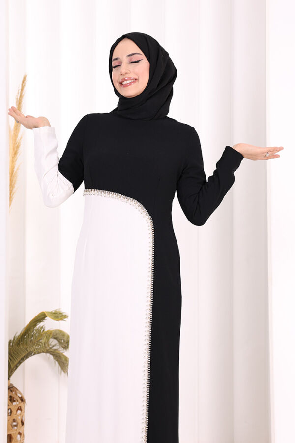 İki Renkli İnci Detaylı Elbise 3865 Siyah - 5