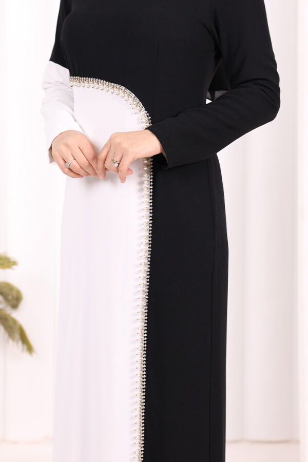 İki Renkli İnci Detaylı Elbise 3865 Siyah - 6