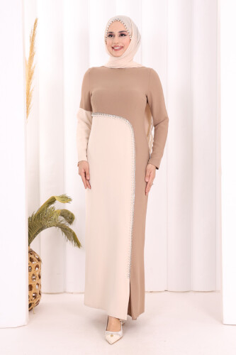 İki Renkli İnci Detaylı Elbise 3865 Vizon