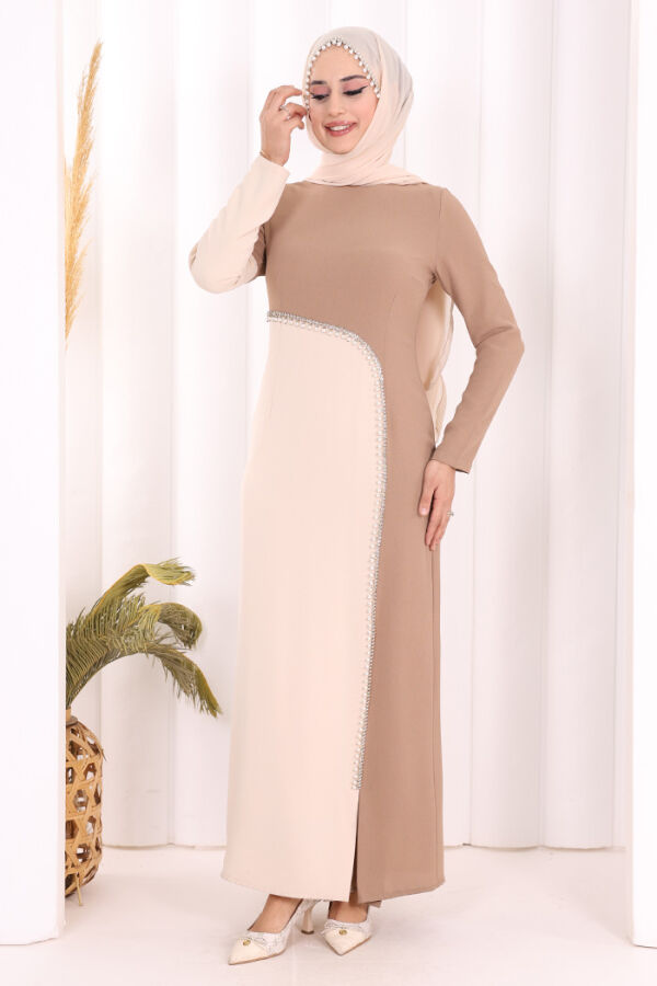 İki Renkli İnci Detaylı Elbise 3865 Vizon - 2