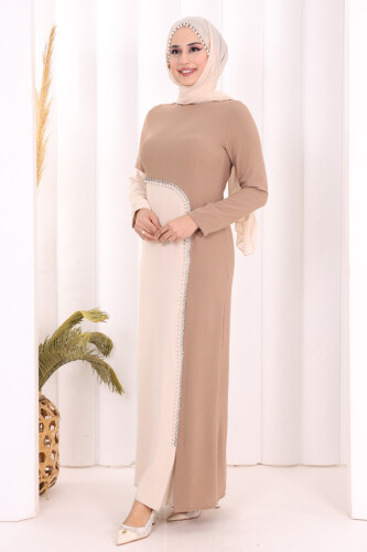 İki Renkli İnci Detaylı Elbise 3865 Vizon - 3