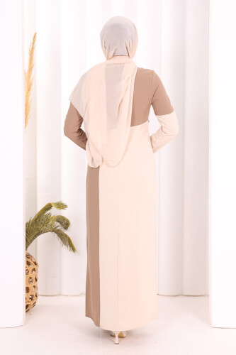 İki Renkli İnci Detaylı Elbise 3865 Vizon - 4