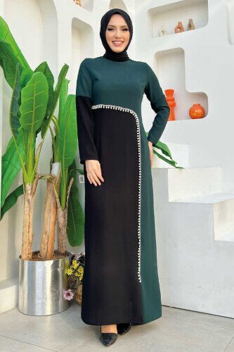 İki Renkli İnci Detaylı Elbise 3865 Zümrüt - Bym Fashion