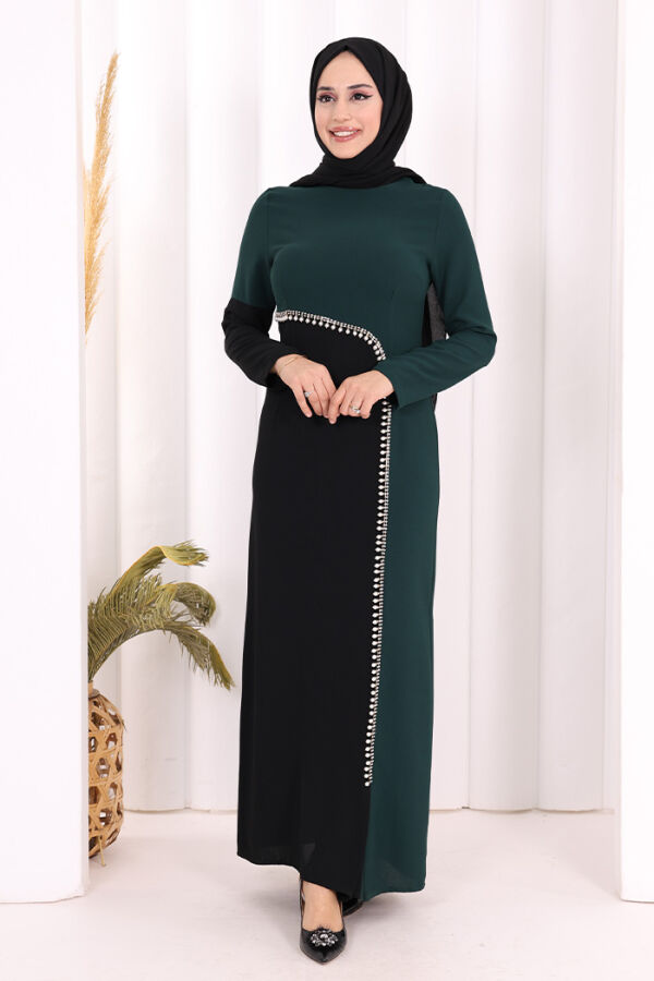 İki Renkli İnci Detaylı Elbise 3865 Zümrüt - 1