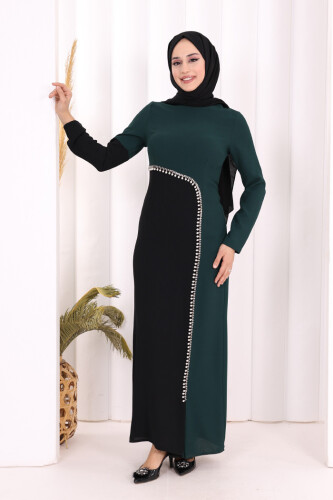 İki Renkli İnci Detaylı Elbise 3865 Zümrüt - 2