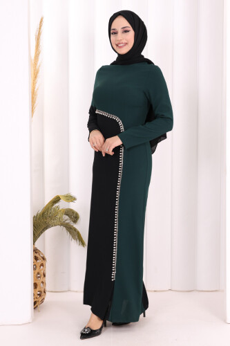 İki Renkli İnci Detaylı Elbise 3865 Zümrüt - 3