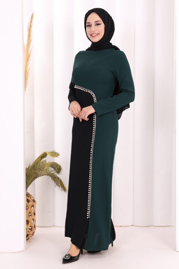 İki Renkli İnci Detaylı Elbise 3865 Zümrüt - 3