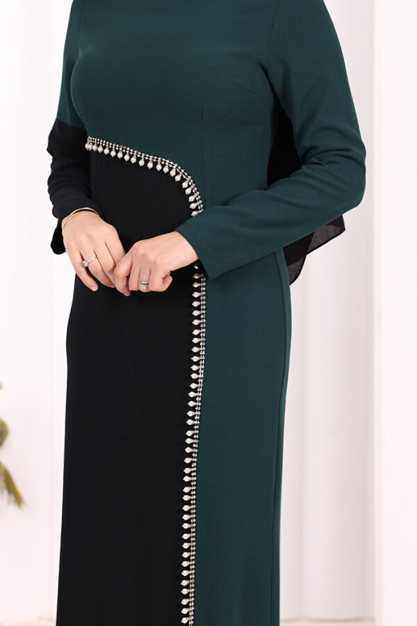 İki Renkli İnci Detaylı Elbise 3865 Zümrüt - 5