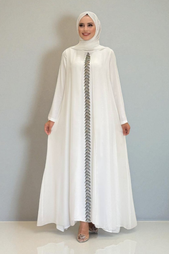 Pelerinli Ön Kısım İşleme Detay Şallı Elbise 3868 Ekru - Bym Fashion